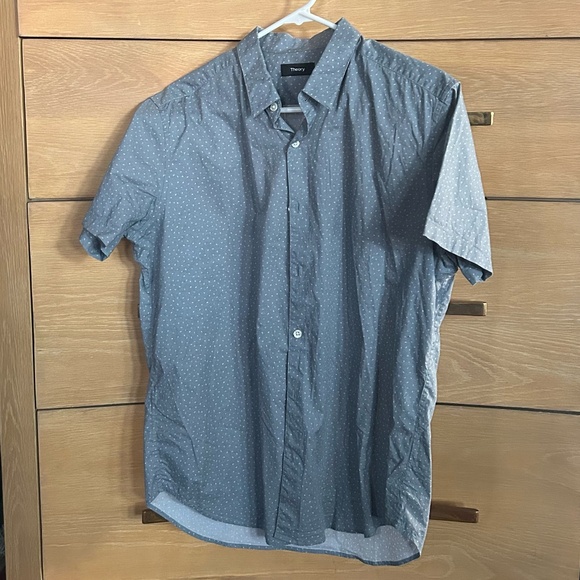 Theory Button Up Short Sleeve Shirt in Gray with White Speckles Men's L - Picture 1 of 4